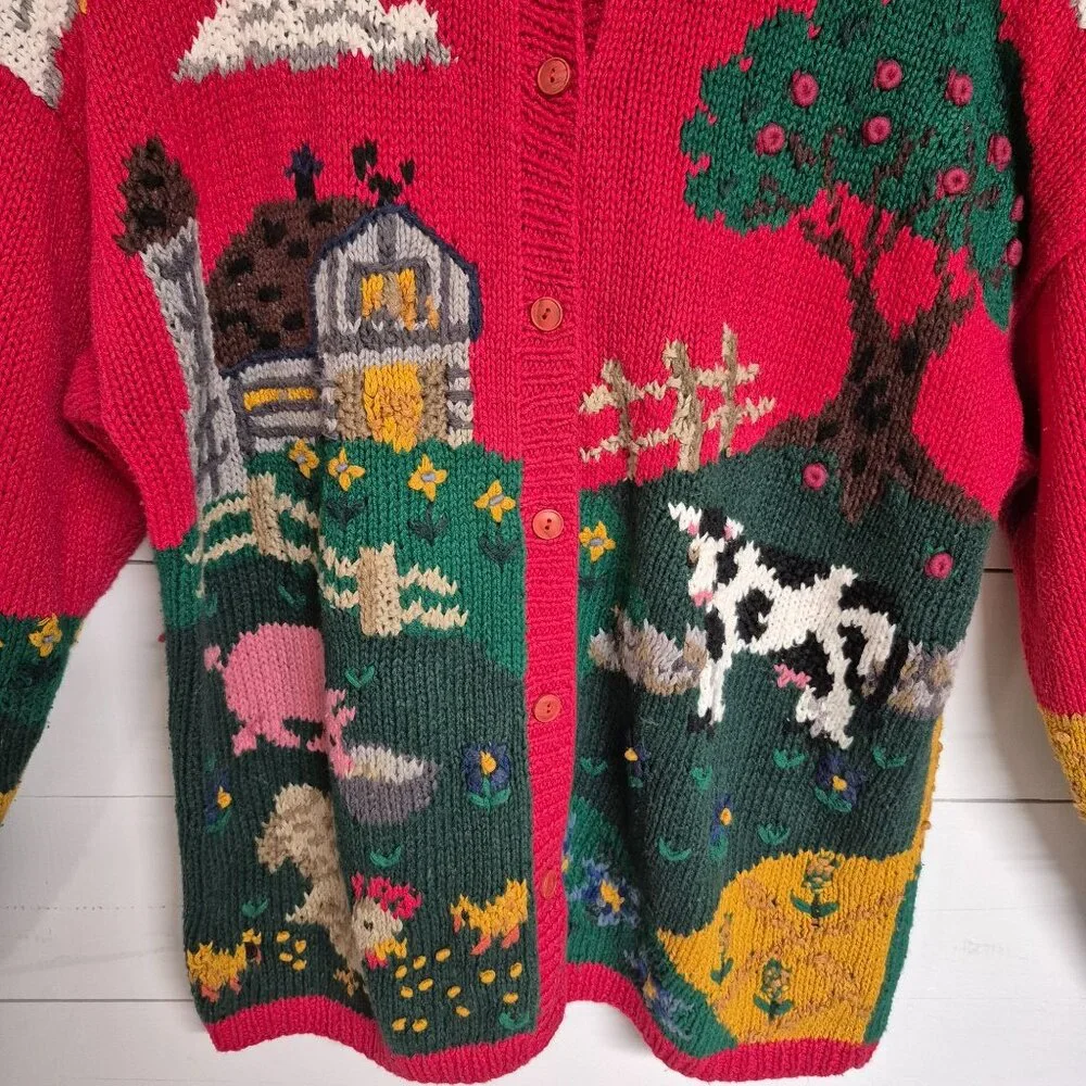 Vintage 1990s Hand Knitted Farm Theme Signature By Northern Isles Button Up 3D C - Picture 2 of 7